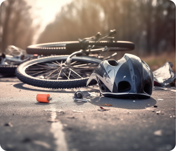 A crashed bicycle and helmet